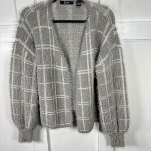 Love Ever After Gray Plaid Fuzzy‎ Cardigan Sweater Women's Large Boho Cottage